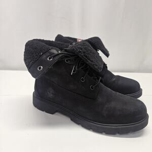 Timberland Waterproof Boots Fold-Down Teddy Fleece Nubuck Black Women's Size 10